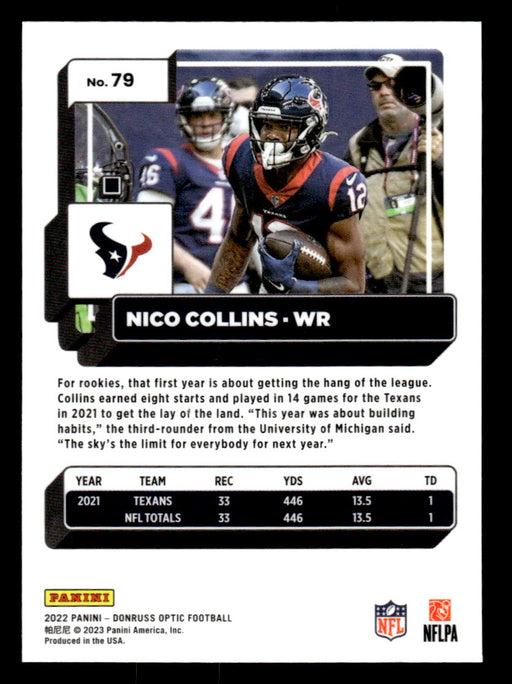 Nico Collins 2022 Panini Donruss Optic Football Base Back of Card