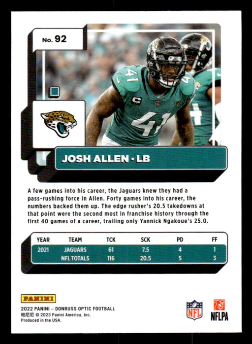 Josh Allen 2022 Panini Donruss Optic Football Base Back of Card