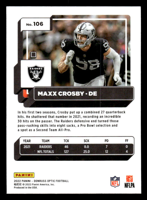 Maxx Crosby 2022 Panini Donruss Optic Football Base Back of Card