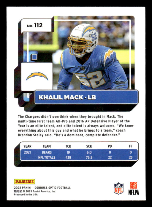 Khalil Mack 2022 Panini Donruss Optic Football Base Back of Card