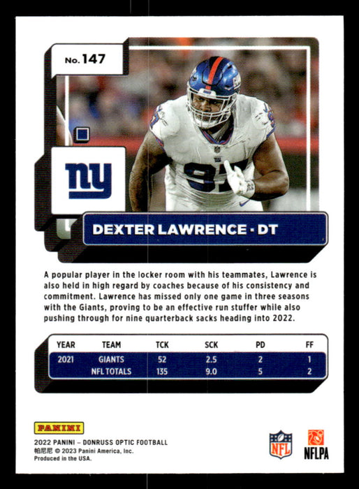 Dexter Lawrence 2022 Panini Donruss Optic Football Base Back of Card