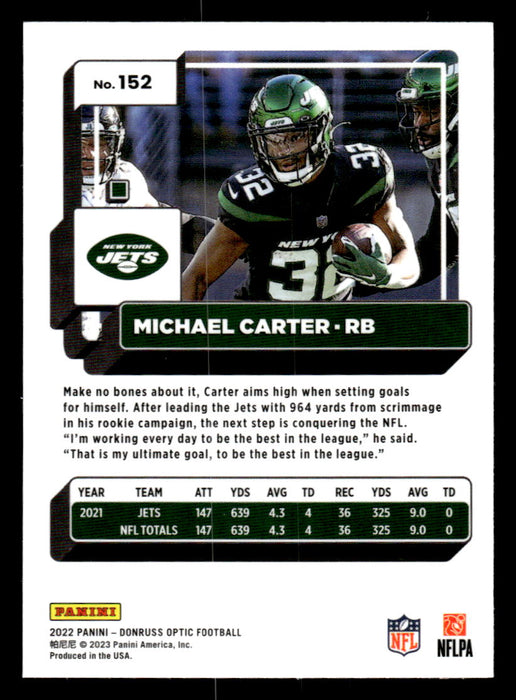 Michael Carter 2022 Panini Donruss Optic Football Base Back of Card