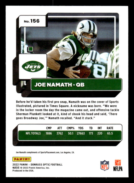 Joe Namath 2022 Panini Donruss Optic Football Base Back of Card