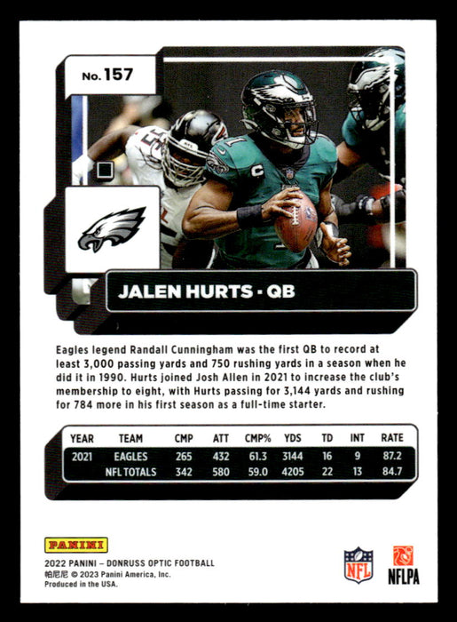 Jalen Hurts 2022 Panini Donruss Optic Football Base Back of Card