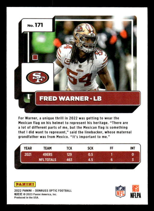 Fred Warner 2022 Panini Donruss Optic Football Base Back of Card