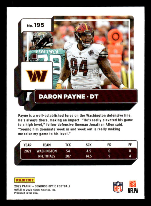 Daron Payne 2022 Panini Donruss Optic Football Base Back of Card