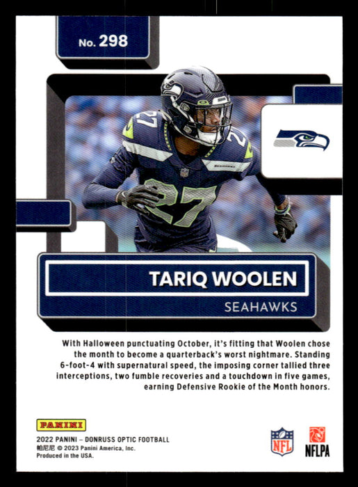 Tariq Woolen 2022 Panini Donruss Optic Football Base Back of Card