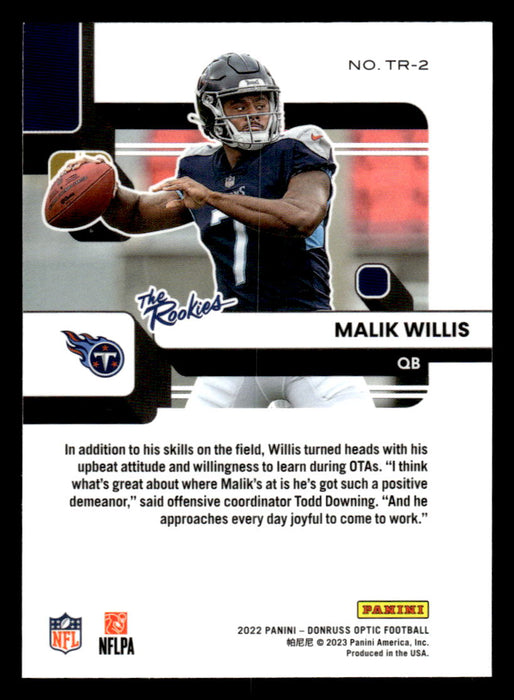 Malik Willis 2022 Panini Donruss Optic Football The Rookies Back of Card