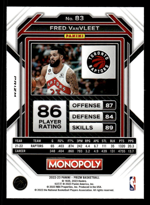 Fred VanVleet 2022-23 Panini Prizm NBA Monopoly Red Dice Prizm Back of Card