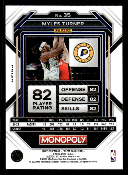 Myles Turner 2022-23 Panini Prizm NBA Monopoly Brown Prizm Back of Card