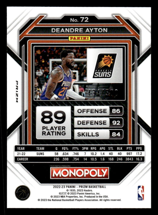 Deandre Ayton 2022-23 Panini Prizm NBA Monopoly Gold Money Shimmer Back of Card