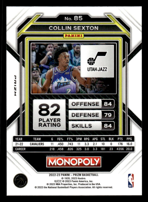 Collin Sexton 2022-23 Panini Prizm NBA Monopoly Gold Money Shimmer Back of Card