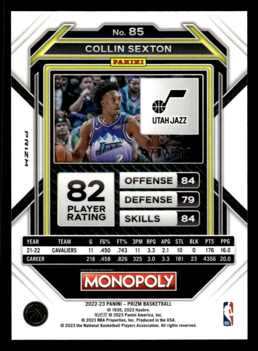 Collin Sexton 2022-23 Panini Prizm NBA Monopoly Gold Money Shimmer Back of Card