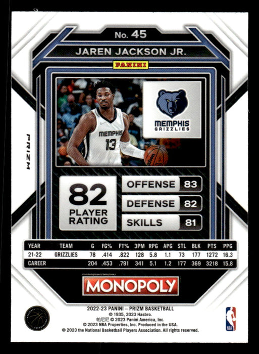 Jaren Jackson Jr. 2022-23 Panini Prizm NBA Monopoly Silver Prizm Back of Card