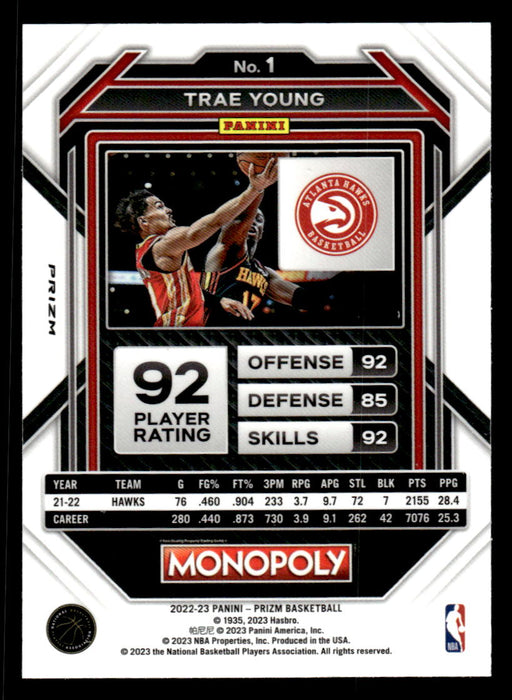 Trae Young 2022-23 Panini Prizm NBA Monopoly Monopoly Black Icons Back of Card