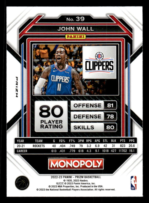 John Wall 2022-23 Panini Prizm NBA Monopoly Monopoly Black Icons Back of Card