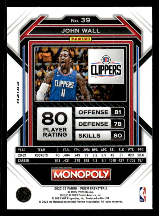 John Wall 2022-23 Panini Prizm NBA Monopoly Monopoly Black Icons Back of Card