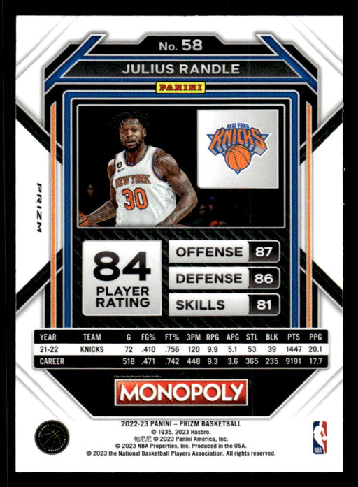 Julius Randle 2022-23 Panini Prizm NBA Monopoly Monopoly Black Icons Back of Card