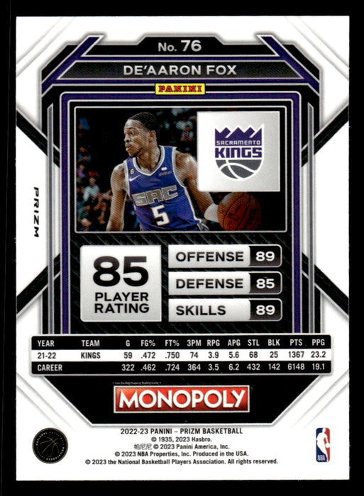 De'Aaron Fox 2022-23 Panini Prizm NBA Monopoly Monopoly Black Icons Back of Card