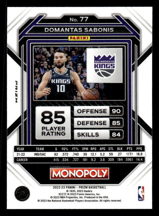 Domantas Sabonis 2022-23 Panini Prizm NBA Monopoly Monopoly Black Icons Back of Card