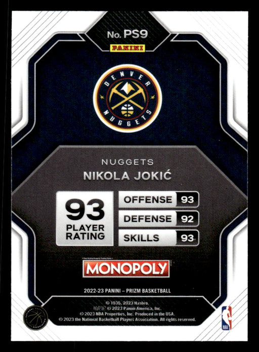 Nikola Jokic 2022-23 Panini Prizm NBA Monopoly Prizm All-Stars Back of Card