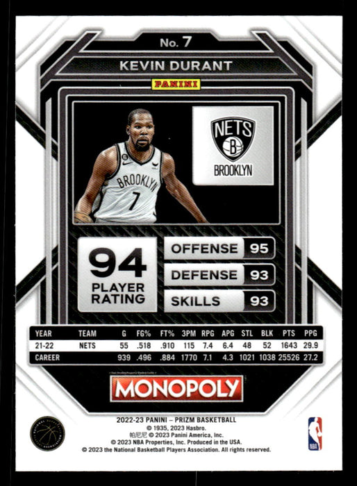 Kevin Durant 2022-23 Panini Prizm NBA Monopoly Base Back of Card