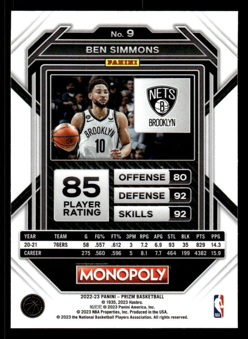 Ben Simmons 2022-23 Panini Prizm NBA Monopoly Base Back of Card