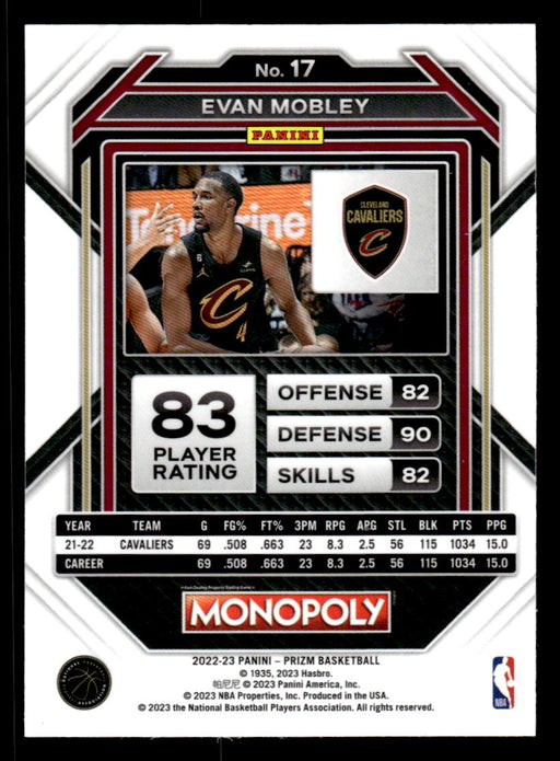 Evan Mobley 2022-23 Panini Prizm NBA Monopoly Base Back of Card