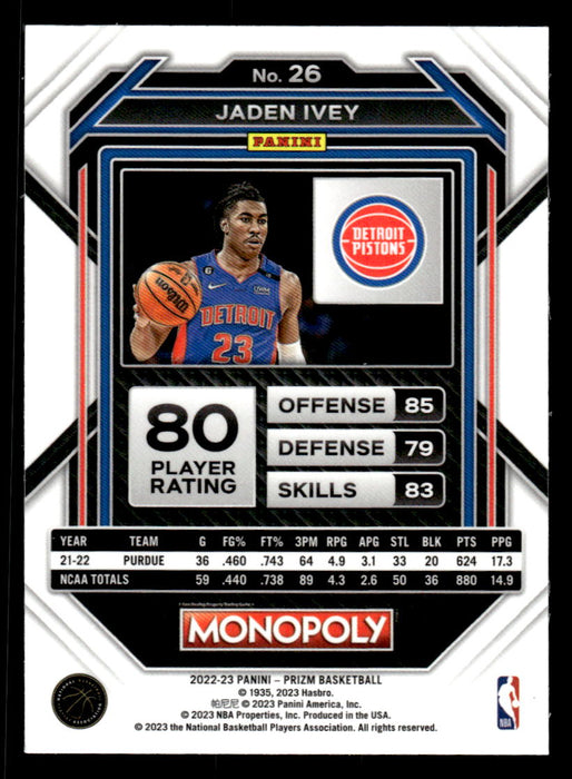 Jaden Ivey 2022-23 Panini Prizm NBA Monopoly Base Back of Card