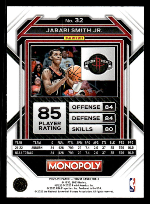 Jabari Smith Jr. 2022-23 Panini Prizm NBA Monopoly Base Back of Card