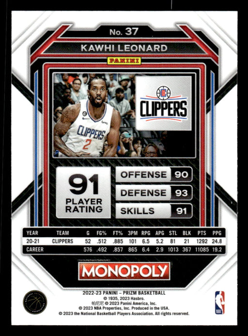 Kawhi Leonard 2022-23 Panini Prizm NBA Monopoly Base Back of Card