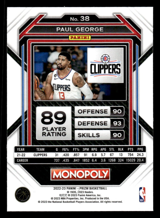 Paul George 2022-23 Panini Prizm NBA Monopoly Base Back of Card