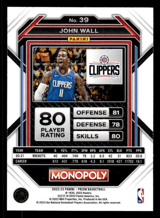 John Wall 2022-23 Panini Prizm NBA Monopoly Base Back of Card