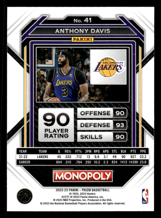 Anthony Davis 2022-23 Panini Prizm NBA Monopoly Base Back of Card