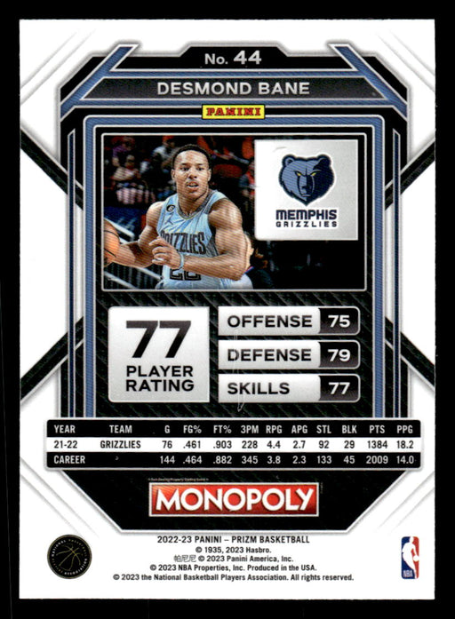 Desmond Bane 2022-23 Panini Prizm NBA Monopoly Base Back of Card