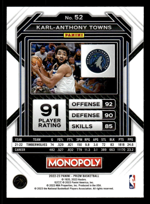 Karl-Anthony Towns 2022-23 Panini Prizm NBA Monopoly Base Back of Card