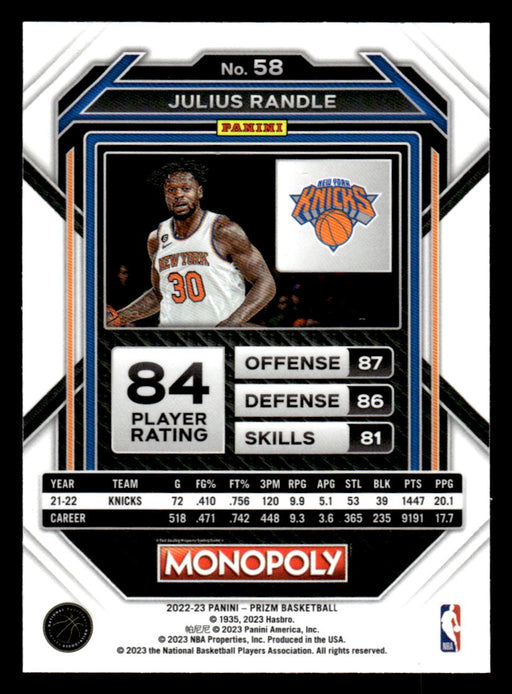 Julius Randle 2022-23 Panini Prizm NBA Monopoly Base Back of Card