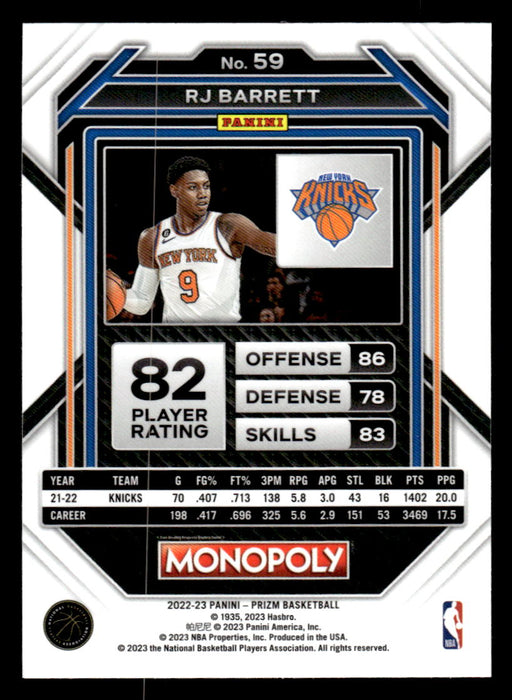 RJ Barrett 2022-23 Panini Prizm NBA Monopoly Base Back of Card