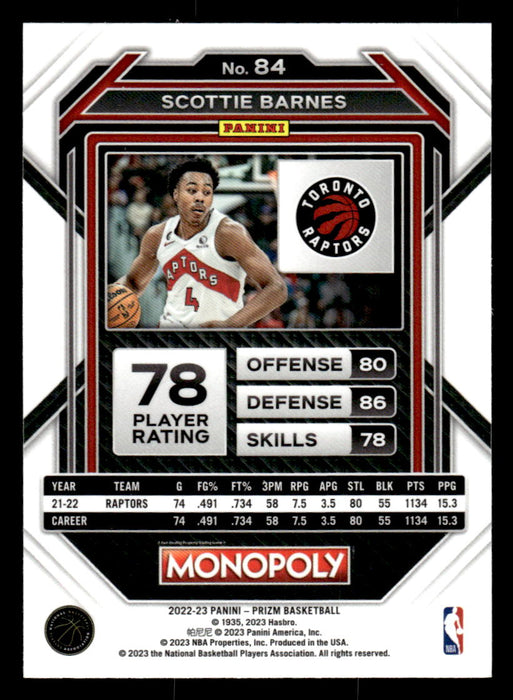 Scottie Barnes 2022-23 Panini Prizm NBA Monopoly Base Back of Card