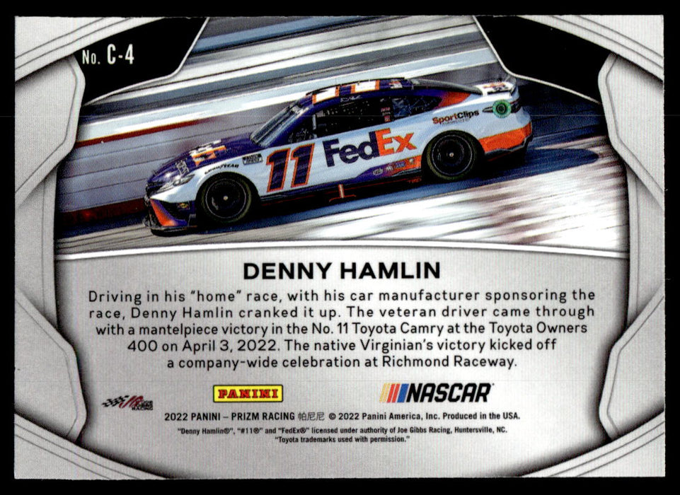 Denny Hamlin 2022 Panini Prizm Racing Crank it Up Back of Card