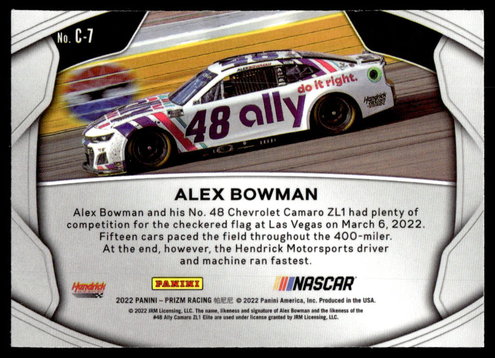 Alex Bowman 2022 Panini Prizm Racing Crank it Up Back of Card