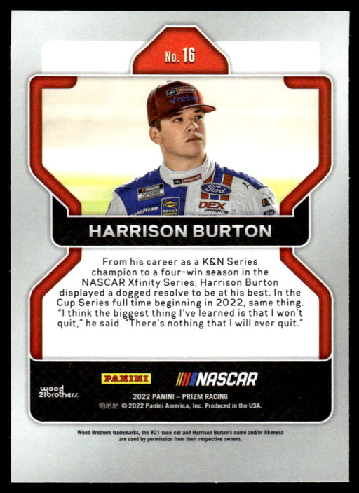 Harrison Burton 2022 Panini Prizm Base Back of Card