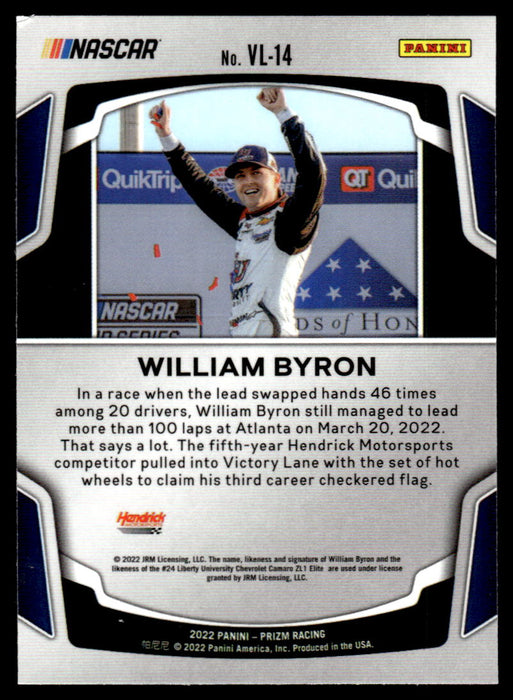 William Byron 2022 Panini Prizm Racing Victory Lane Back of Card