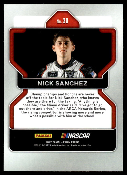 Nick Sanchez 2022 Panini Prizm Racing Base Back of Card