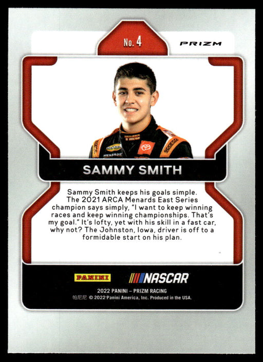 Sammy Smith 2022 Panini Prizm Racing Silver Prizm Back of Card