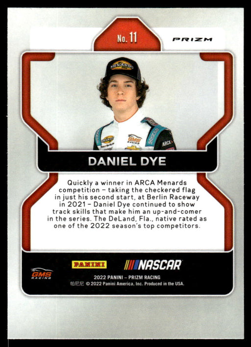 Daniel Dye 2022 Panini Prizm Racing Silver Prizm Back of Card