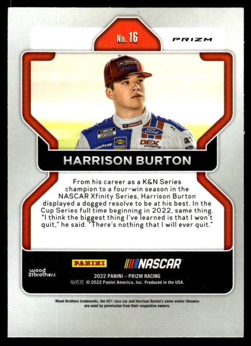 Harrison Burton 2022 Panini Prizm Racing Silver Prizm Back of Card