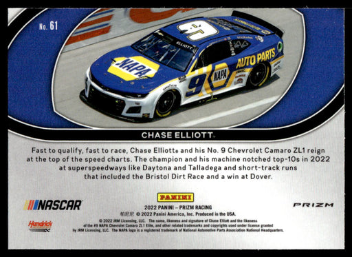 Chase Elliott 2022 Panini Prizm Racing Carolina Blue Hyper Prizm Back of Card