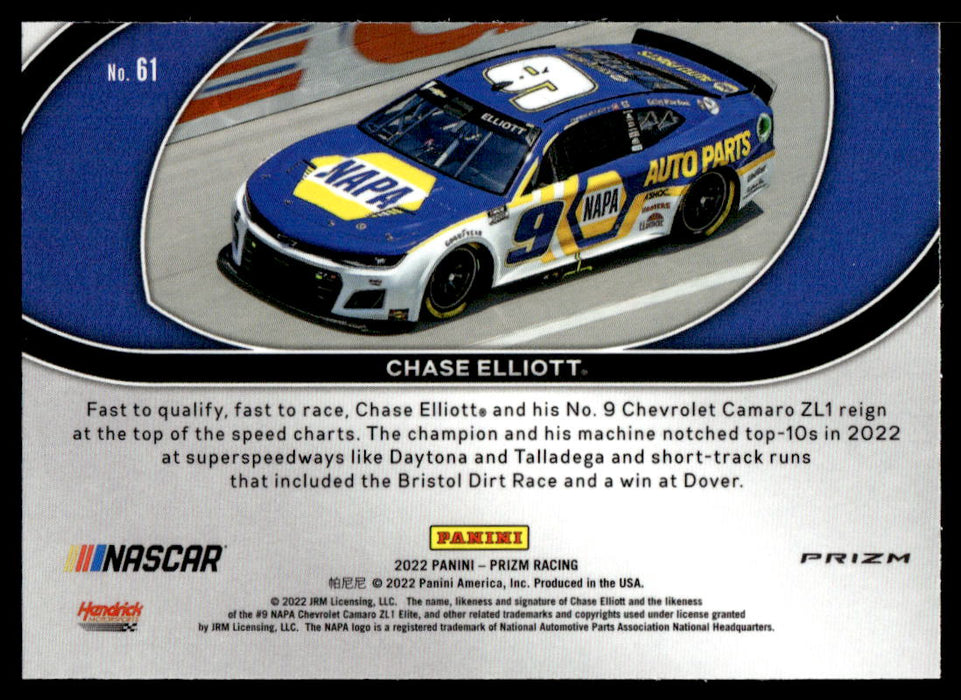 Chase Elliott 2022 Panini Prizm Racing Carolina Blue Hyper Prizm Back of Card