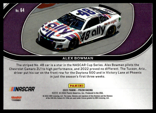 Alex Bowman 2022 Panini Prizm Racing Rides Back of Card